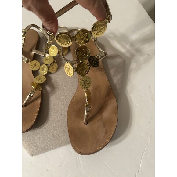 Lilly Pulitzer Gold Leather Sandal shell engraved medallions W 6 EUC ankle strap - Picture 2 of 9